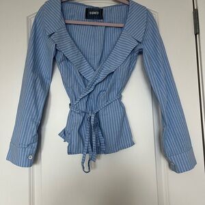 Reformation Blue Pinstripe Wrap Blouse